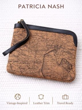 Patricia Nash Cassini Map Print Wristlet Clutch Leather Trim Travel Bag